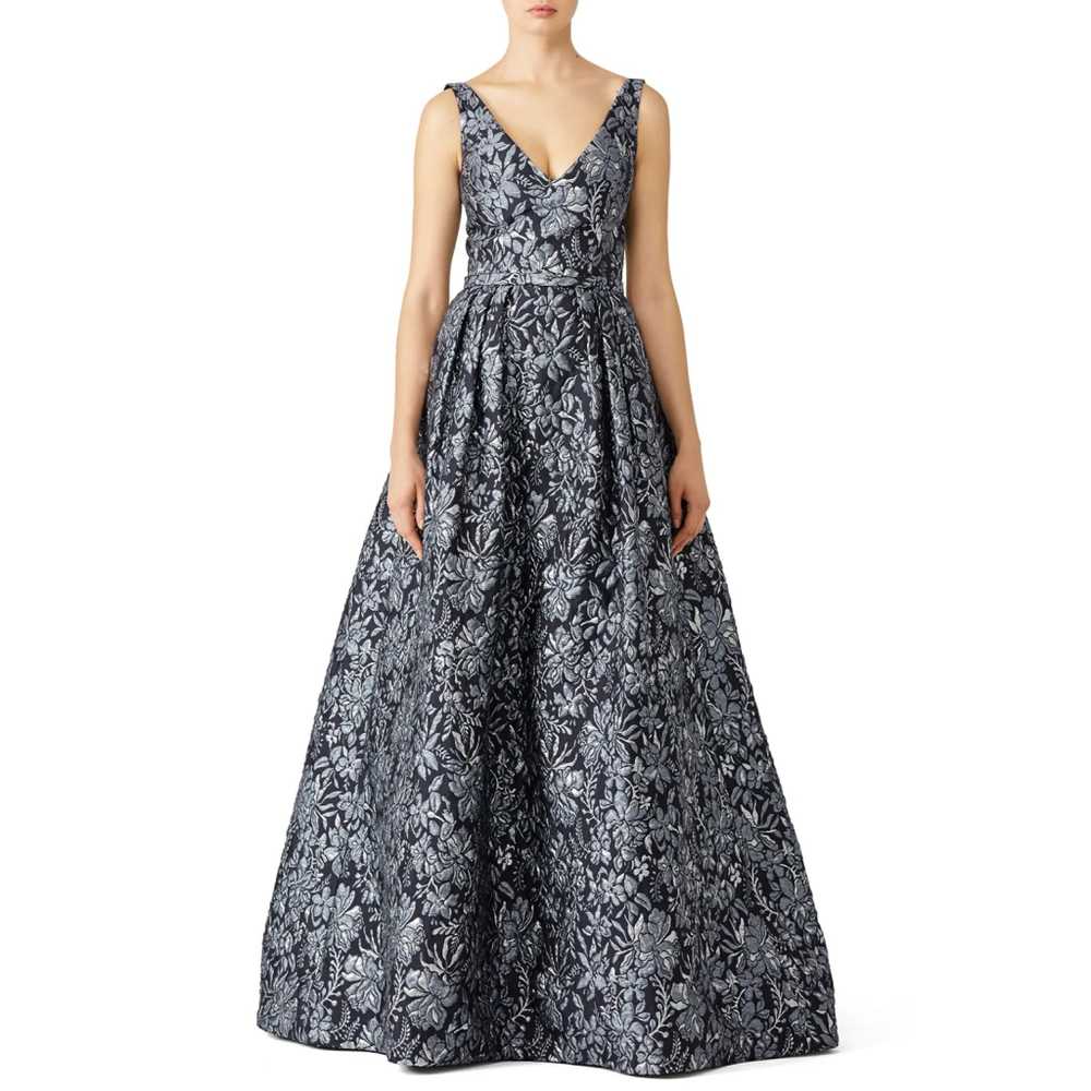 Theia Floral Slate Ballgown Dress Maxi Silver Floral $1,000 Size 8 - Picture 3 of 16